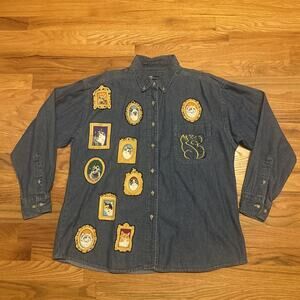 Vintage Cat Lady Shirt Women’s LG Embroidered Denim Button Down 90s Long Sleeve